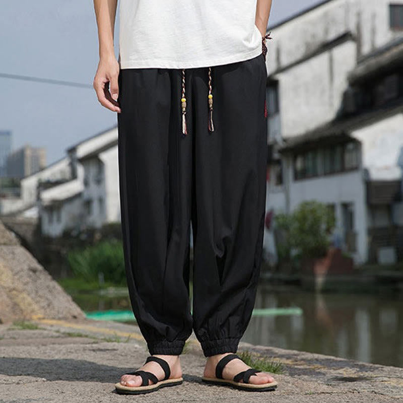 Buddha Stones 夏物カジュアル ドローストリング 漢字刺繍入り 気楽なアンクル丈パンツ メンズ ハーレムパンツ ポケット付き - image 3