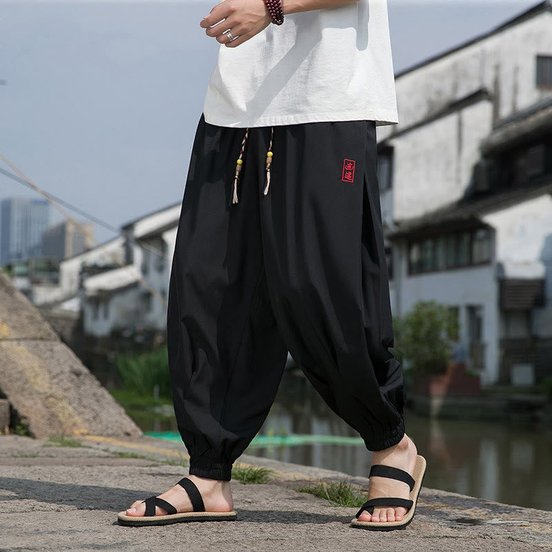 Buddha Stones 夏物カジュアル ドローストリング 漢字刺繍入り 気楽なアンクル丈パンツ メンズ ハーレムパンツ ポケット付き - image 2