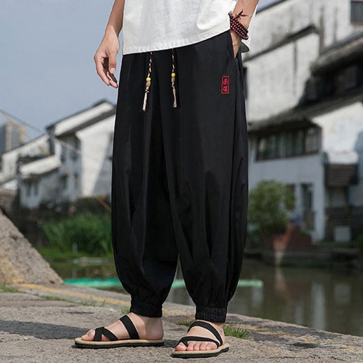Buddha Stones 夏物カジュアル ドローストリング 漢字刺繍入り 気楽なアンクル丈パンツ メンズ ハーレムパンツ ポケット付き - image 4