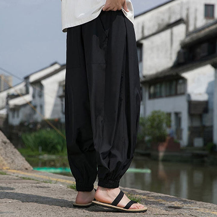 Buddha Stones 夏物カジュアル ドローストリング 漢字刺繍入り 気楽なアンクル丈パンツ メンズ ハーレムパンツ ポケット付き - image 5