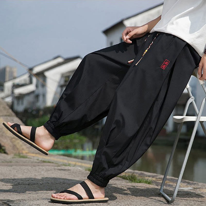 Buddha Stones 夏物カジュアル ドローストリング 漢字刺繍入り 気楽なアンクル丈パンツ メンズ ハーレムパンツ ポケット付き - image 8