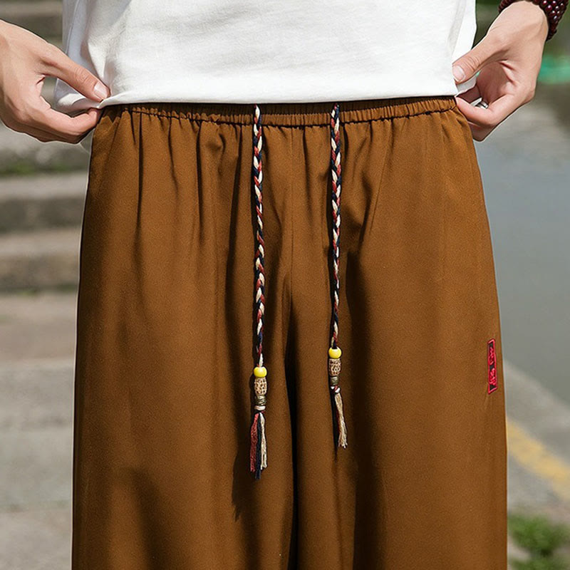 Buddha Stones 夏物カジュアル ドローストリング 漢字刺繍入り 気楽なアンクル丈パンツ メンズ ハーレムパンツ ポケット付き - image 15