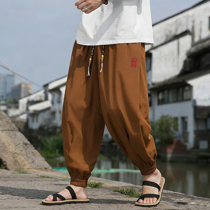 Buddha Stones 夏物カジュアル ドローストリング 漢字刺繍入り 気楽なアンクル丈パンツ メンズ ハーレムパンツ ポケット付き - image 14