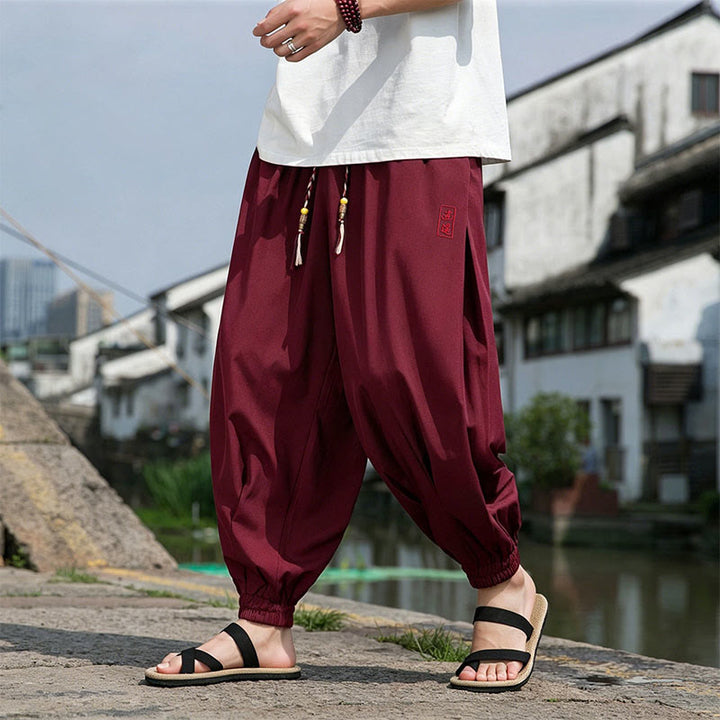 Buddha Stones 夏物カジュアル ドローストリング 漢字刺繍入り 気楽なアンクル丈パンツ メンズ ハーレムパンツ ポケット付き - image 20