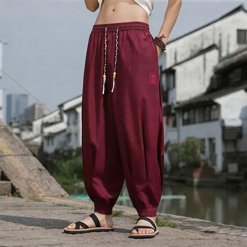 Buddha Stones 夏物カジュアル ドローストリング 漢字刺繍入り 気楽なアンクル丈パンツ メンズ ハーレムパンツ ポケット付き - マルーン - US/UK/AU46、 EU56 (5XL) - image 19