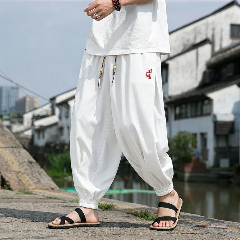 Buddha Stones 夏物カジュアル ドローストリング 漢字刺繍入り 気楽なアンクル丈パンツ メンズ ハーレムパンツ ポケット付き - image 22