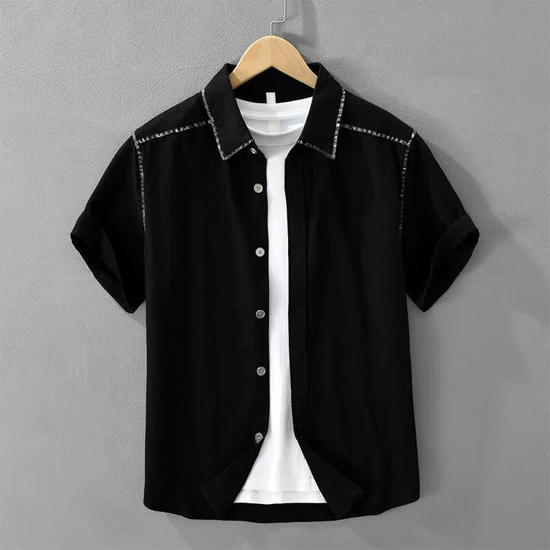 Buddha Stones 夏物カジュアルヴィンテージラインデザインボタンアップ無地メンズ半袖シャツ - 黒 - US/UK/AU42、 EU52 (3XL) - image 11