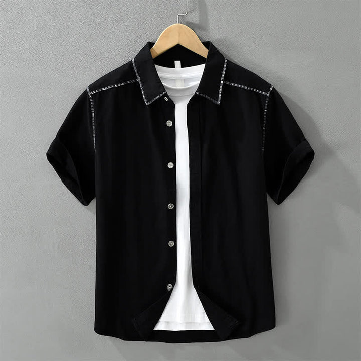 Buddha Stones 夏物カジュアルヴィンテージラインデザインボタンアップ無地メンズ半袖シャツ - 黒 - US/UK/AU42、 EU52 (3XL) - image 11