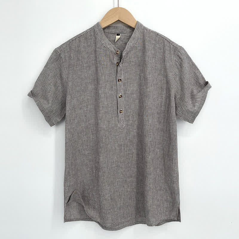 Buddha Stones 夏用ハーフボタン細ストライプメンズ半袖シャツ - タン - US/UK/AU44、 EU54 (4XL) - image 0
