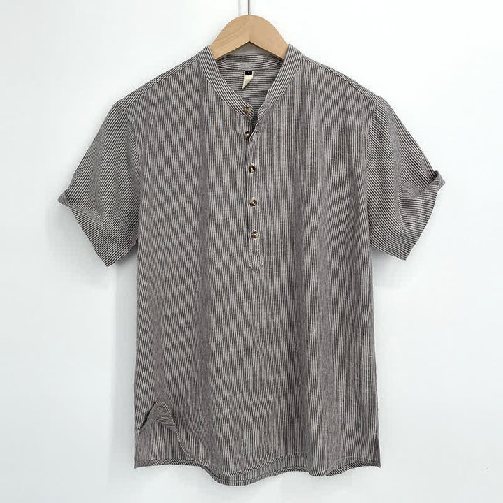 Buddha Stones 夏用ハーフボタン細ストライプメンズ半袖シャツ - タン - US/UK/AU44、 EU54 (4XL) - image 0