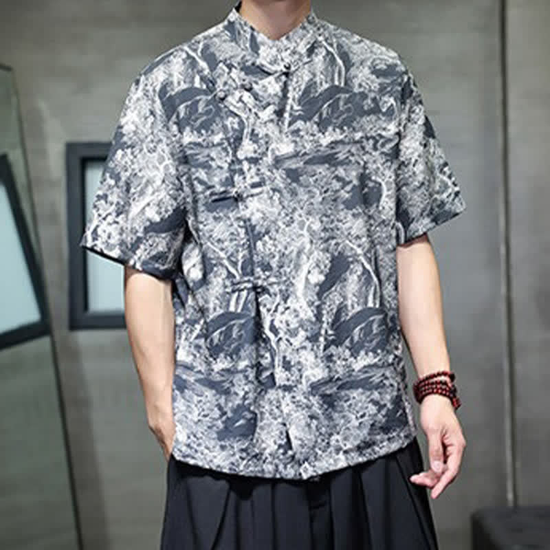 Buddha Stones 夏唐風 カエルボタンツリー抽象柄 メンズ半袖シャツ - image 7