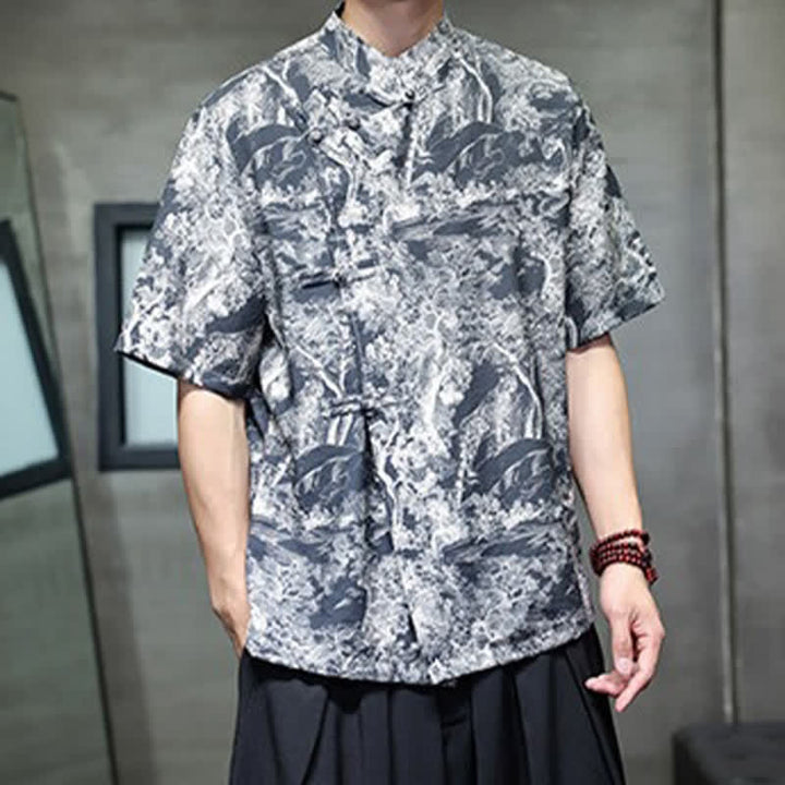 Buddha Stones 夏唐風 カエルボタンツリー抽象柄 メンズ半袖シャツ - image 7