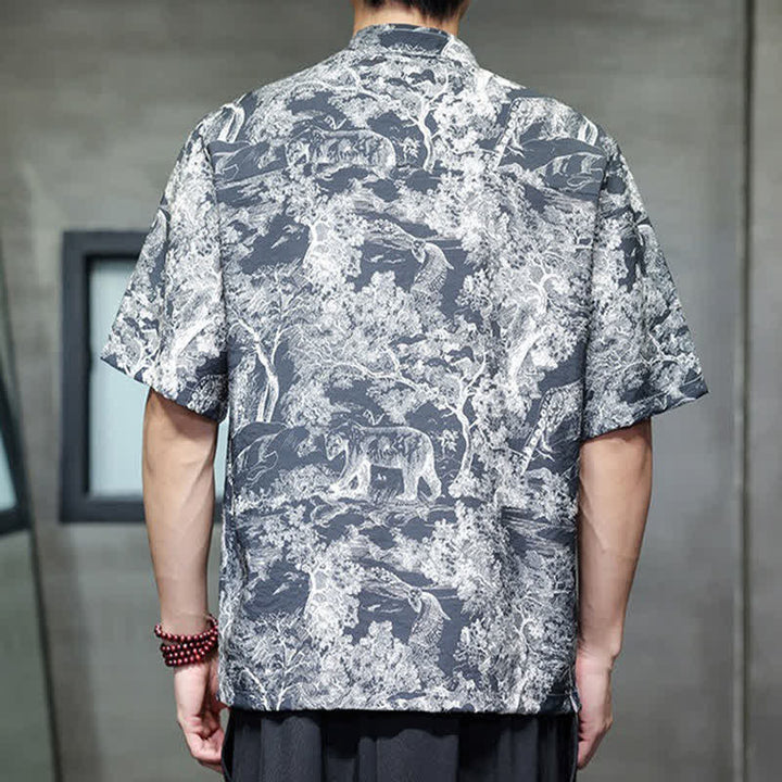 Buddha Stones 夏唐風 カエルボタンツリー抽象柄 メンズ半袖シャツ - image 4