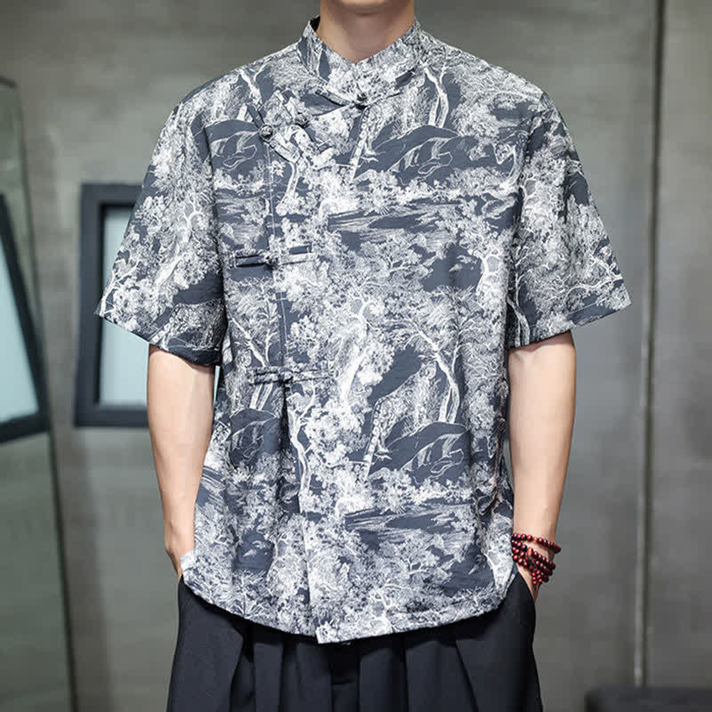 Buddha Stones 夏唐風 カエルボタンツリー抽象柄 メンズ半袖シャツ - スチールブルー - US/UK/AU44、 EU54 (4XL) - image 0