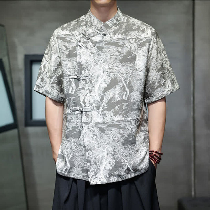 Buddha Stones 夏唐風 カエルボタンツリー抽象柄 メンズ半袖シャツ - スレートグレー - US/UK/AU44、 EU54 (4XL) - image 13