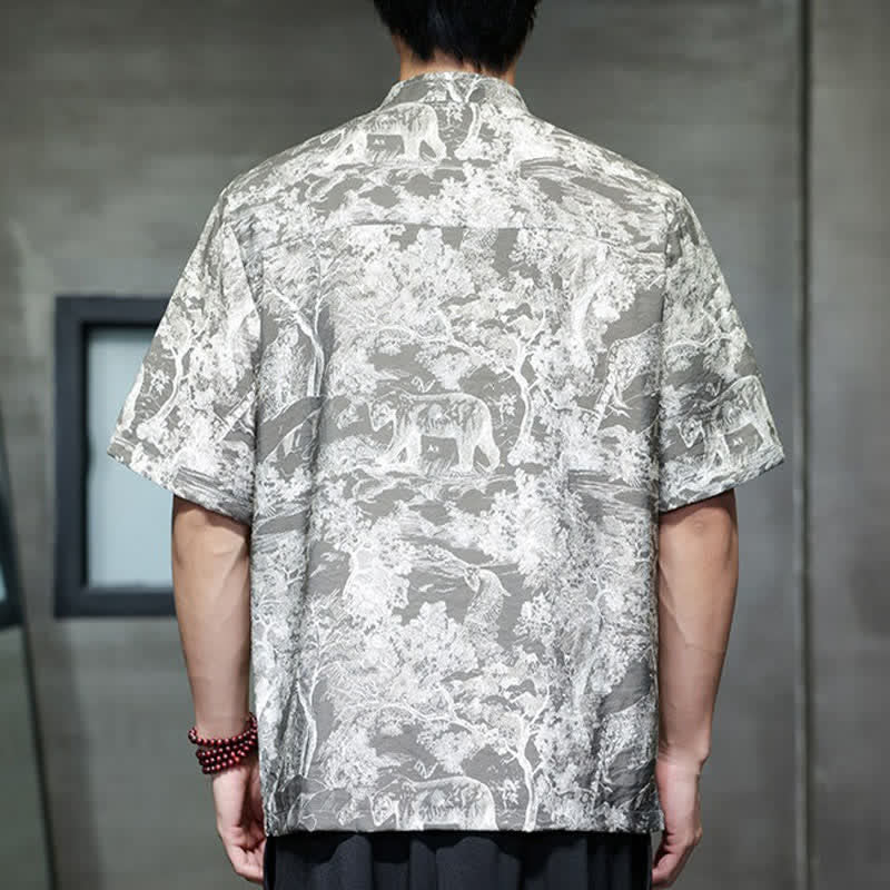 Buddha Stones 夏唐風 カエルボタンツリー抽象柄 メンズ半袖シャツ - image 16