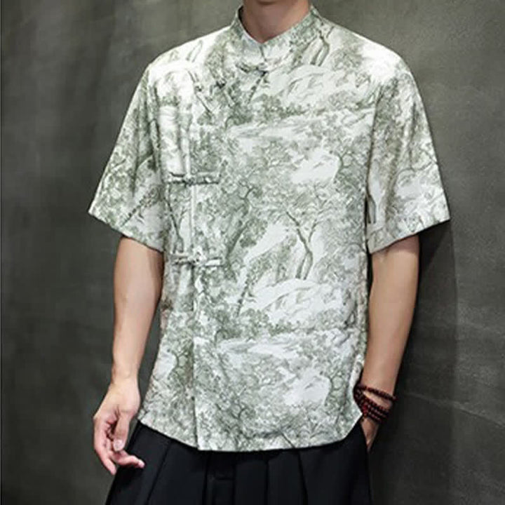 Buddha Stones 夏唐風 カエルボタンツリー抽象柄 メンズ半袖シャツ - image 31