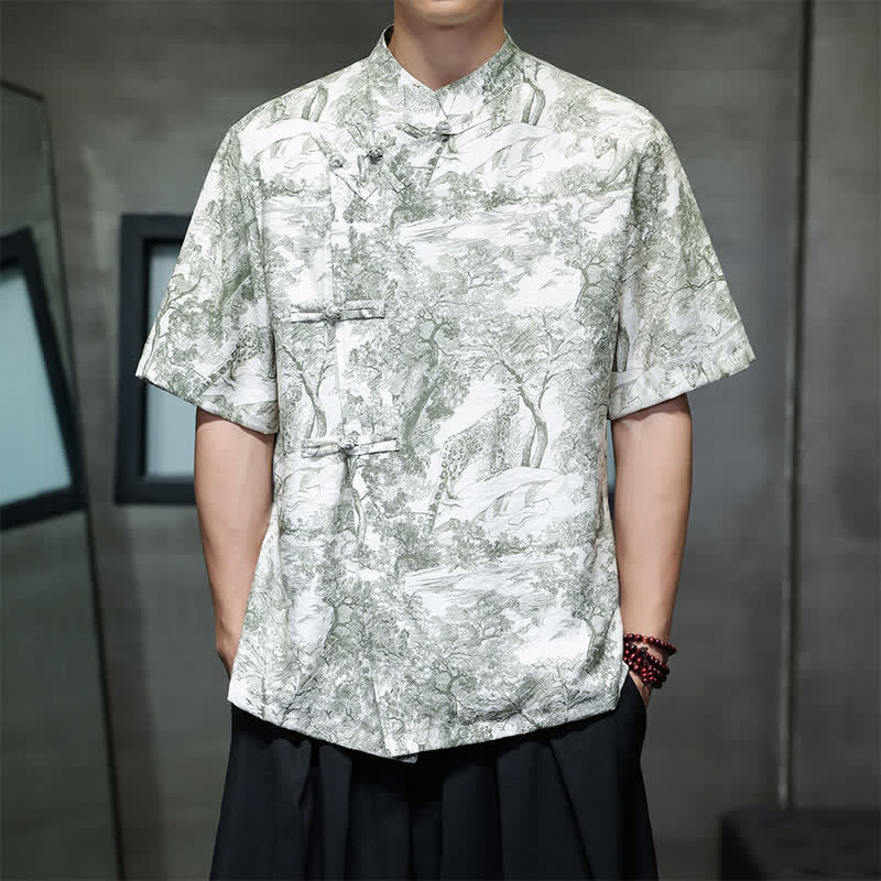 Buddha Stones 夏唐風 カエルボタンツリー抽象柄 メンズ半袖シャツ - ダークシーグリーン - US/UK/AU44、 EU54 (4XL) - image 23