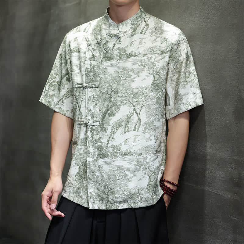 Buddha Stones 夏唐風 カエルボタンツリー抽象柄 メンズ半袖シャツ - image 33
