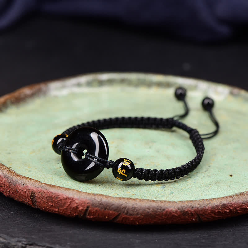 Buddha Stones 黒曜石の平和のお守りチャーム付きプロテクション編み込みブレスレット - image 4