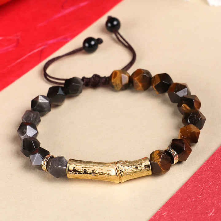 Buddha Stones タイガーアイシルバーシーンオブシディアン竹成長ファセットブレスレット - シルバーシーンオブシディアン＆イエロータイガーアイ - タイガーアイ（守護♥強さ） - image 0