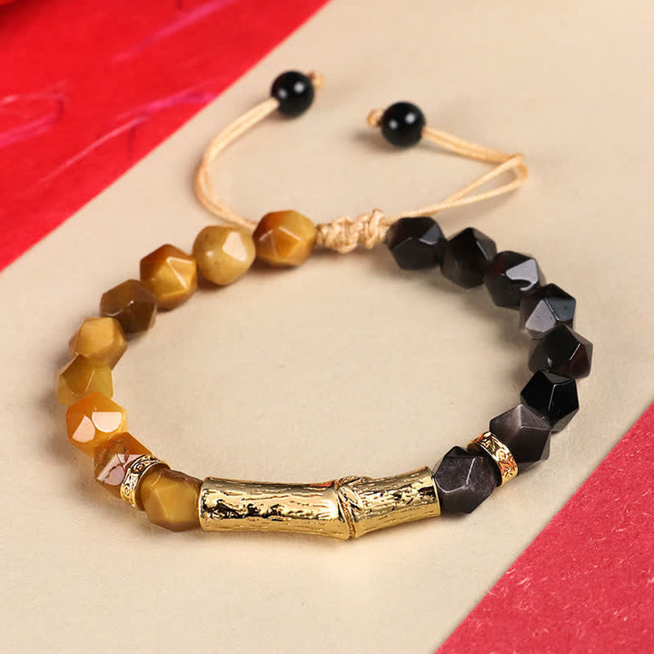 Buddha Stones タイガーアイシルバーシーンオブシディアン竹成長ファセットブレスレット - シルバーシーンオブシディアン＆ゴールデンタイガーアイ - タイガーアイ（守護♥強さ） - image 2