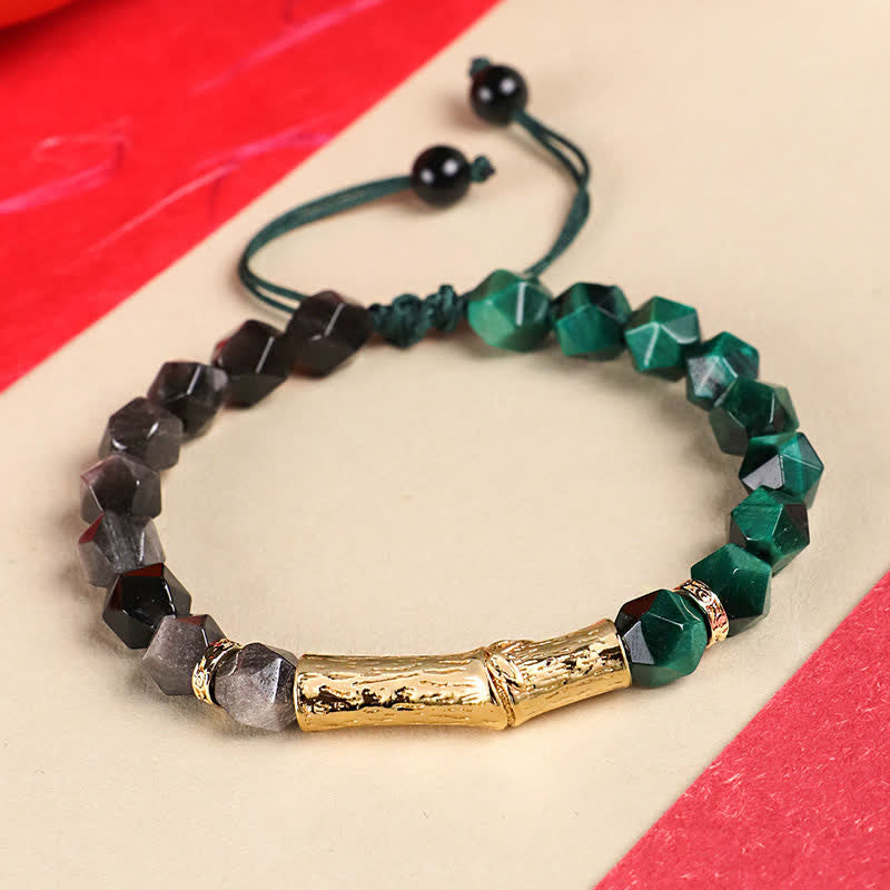 Buddha Stones タイガーアイシルバーシーンオブシディアン竹成長ファセットブレスレット - シルバーシーンオブシディアン＆グリーンタイガーアイ - タイガーアイ（守護♥強さ） - image 3