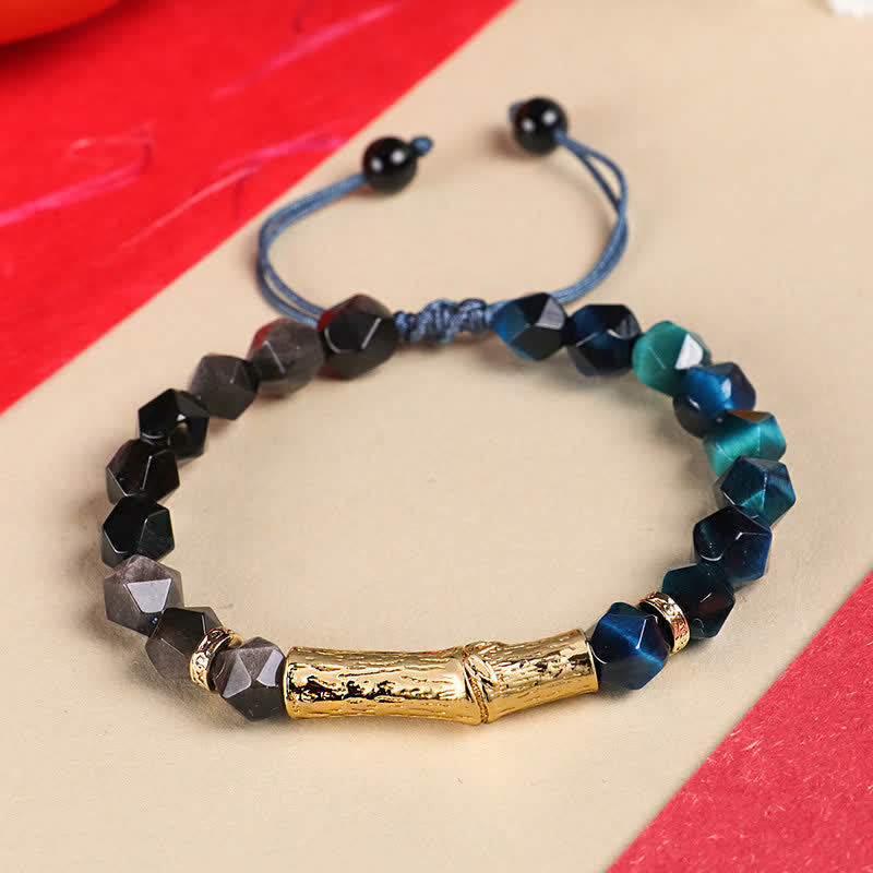 Buddha Stones タイガーアイシルバーシーンオブシディアン竹成長ファセットブレスレット - シルバーシーンオブシディアン＆ブルータイガーアイ - タイガーアイ（守護♥強さ） - image 1