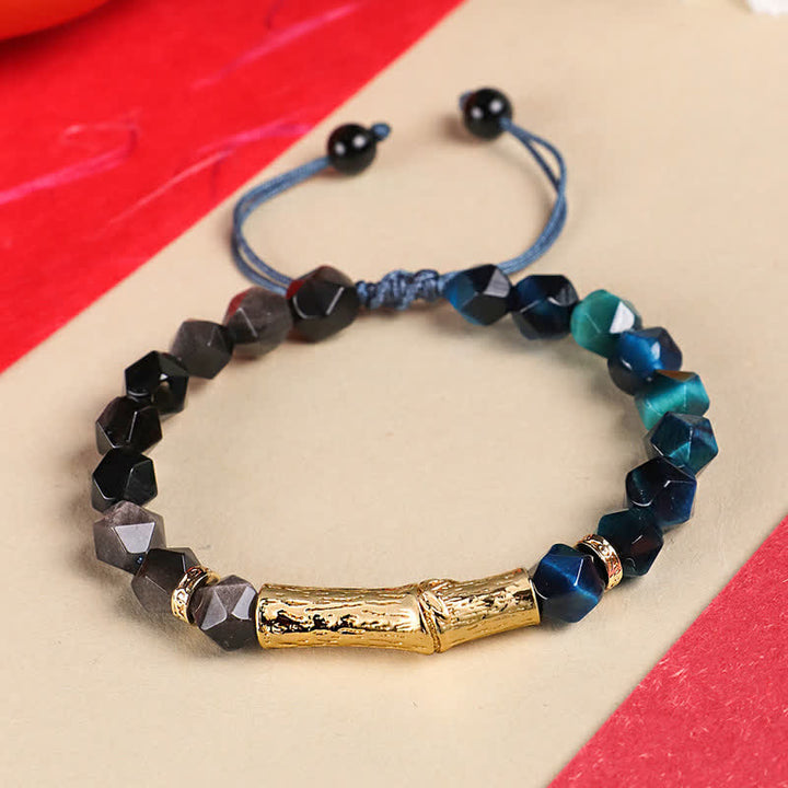 Buddha Stones タイガーアイシルバーシーンオブシディアン竹成長ファセットブレスレット - シルバーシーンオブシディアン＆ブルータイガーアイ - タイガーアイ（守護♥強さ） - image 1