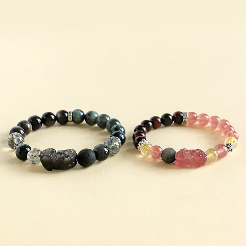 Buddha Stones ストロベリークォーツとシルバーシャインオブシディアンPiXiu）の愛をモチーフにした手彫りカップルブレスレット - image 8
