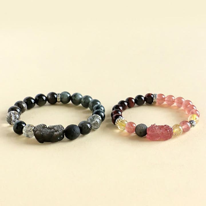 Buddha Stones ストロベリークォーツとシルバーシャインオブシディアンPiXiu）の愛をモチーフにした手彫りカップルブレスレット - image 8