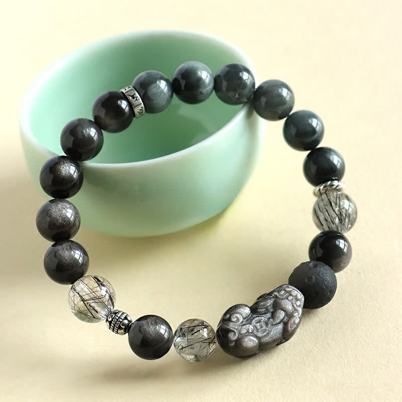 Buddha Stones ストロベリークォーツとシルバーシャインオブシディアンPiXiu）の愛をモチーフにした手彫りカップルブレスレット - image 2