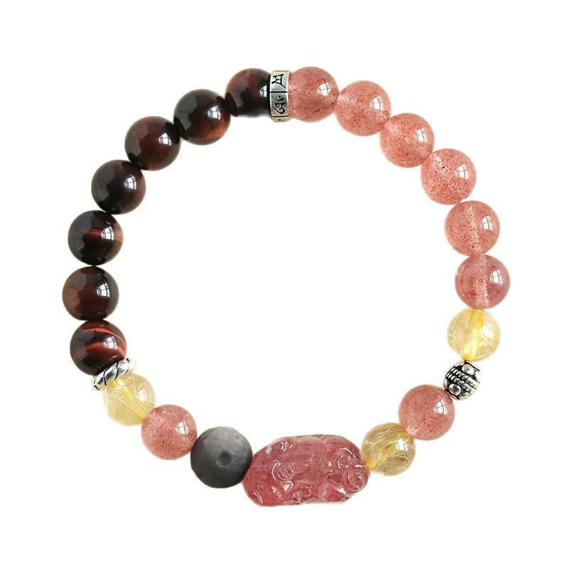 Buddha Stones ストロベリークォーツとシルバーシャインオブシディアンPiXiu）の愛をモチーフにした手彫りカップルブレスレット - image 9