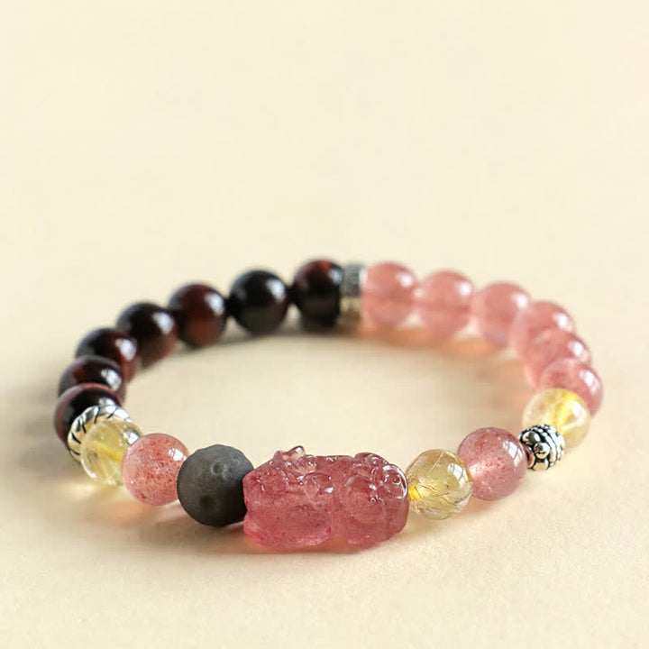 Buddha Stones ストロベリークォーツとシルバーシャインオブシディアンPiXiu）の愛をモチーフにした手彫りカップルブレスレット - image 3