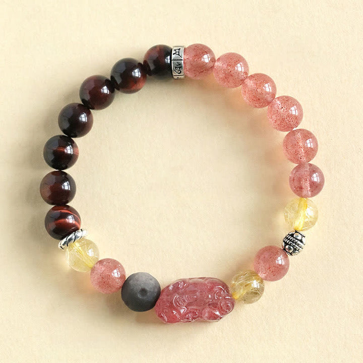 Buddha Stones ストロベリークォーツとシルバーシャインオブシディアンPiXiu）の愛をモチーフにした手彫りカップルブレスレット - ストロベリークォーツ（愛♥癒し） - image 1