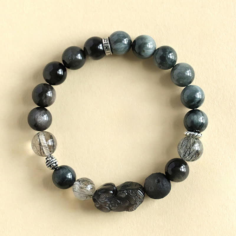 Buddha Stones ストロベリークォーツとシルバーシャインオブシディアンPiXiu）の愛をモチーフにした手彫りカップルブレスレット - シルバーシーンオブシディアン（保護♥癒し） - image 0