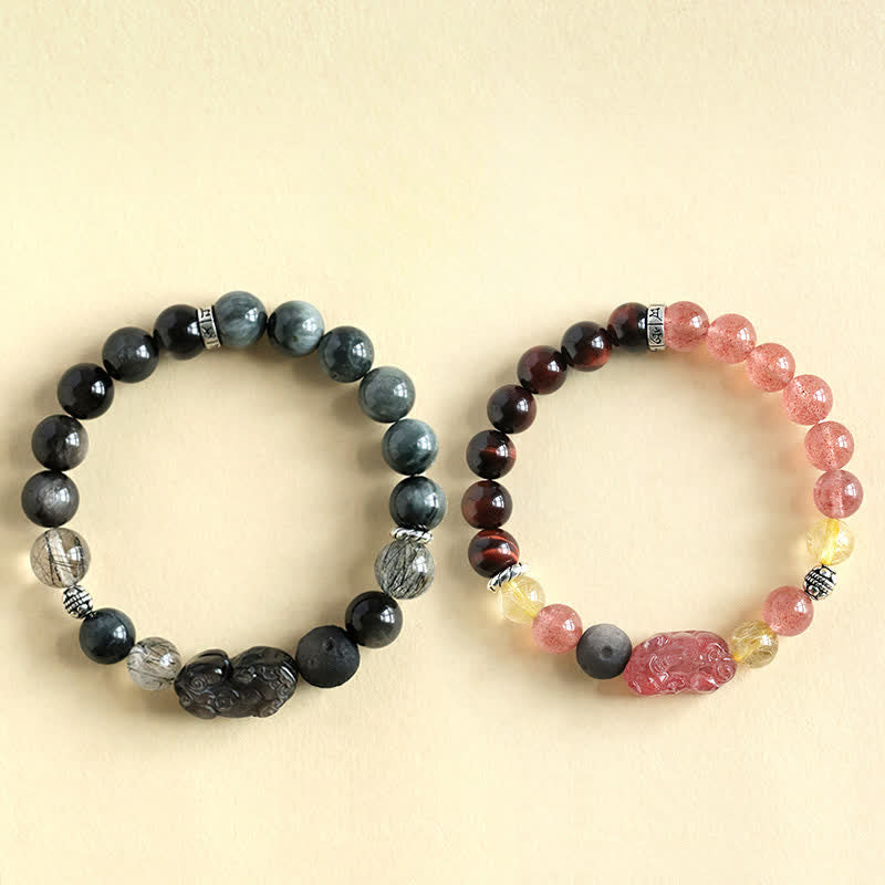 Buddha Stones ストロベリークォーツとシルバーシャインオブシディアンPiXiu）の愛をモチーフにした手彫りカップルブレスレット - image 4