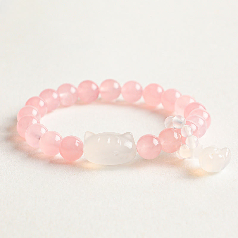 Buddha Stones シルバーシーンオブシディアン手彫り猫ペンダント 落ち着きを呼ぶハンドメイドブレスレット - ローズクォーツ（愛♥自己愛） - image 2