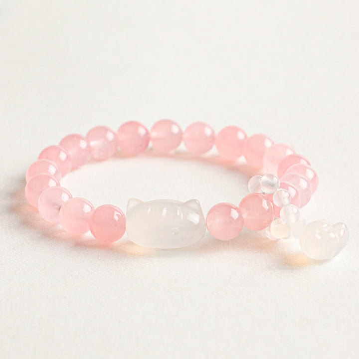 Buddha Stones シルバーシーンオブシディアン手彫り猫ペンダント 落ち着きを呼ぶハンドメイドブレスレット - ローズクォーツ（愛♥自己愛） - image 2