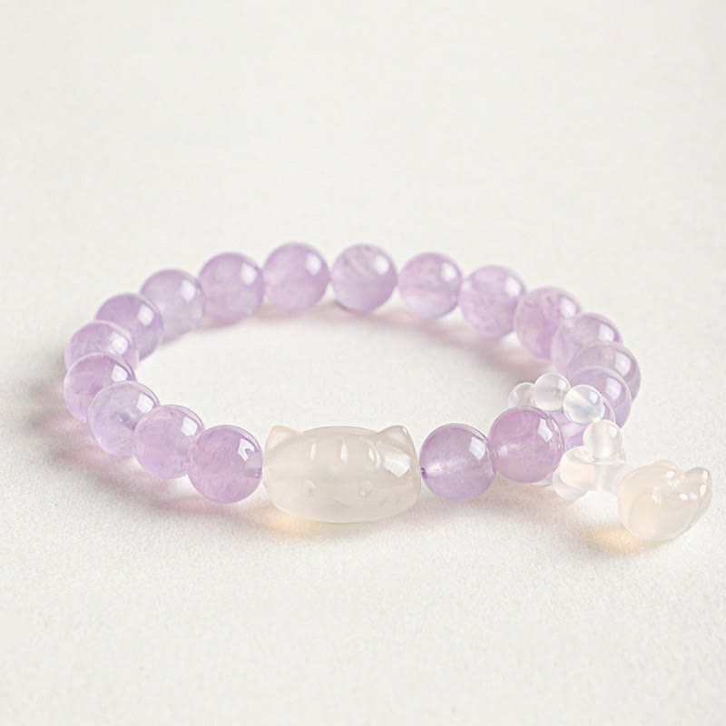 Buddha Stones シルバーシーンオブシディアン手彫り猫ペンダント 落ち着きを呼ぶハンドメイドブレスレット - アメジスト（ストレス解消♥直感力） - image 3