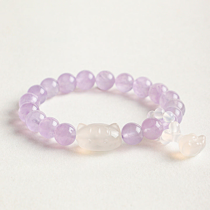 Buddha Stones シルバーシーンオブシディアン手彫り猫ペンダント 落ち着きを呼ぶハンドメイドブレスレット - アメジスト（ストレス解消♥直感力） - image 3