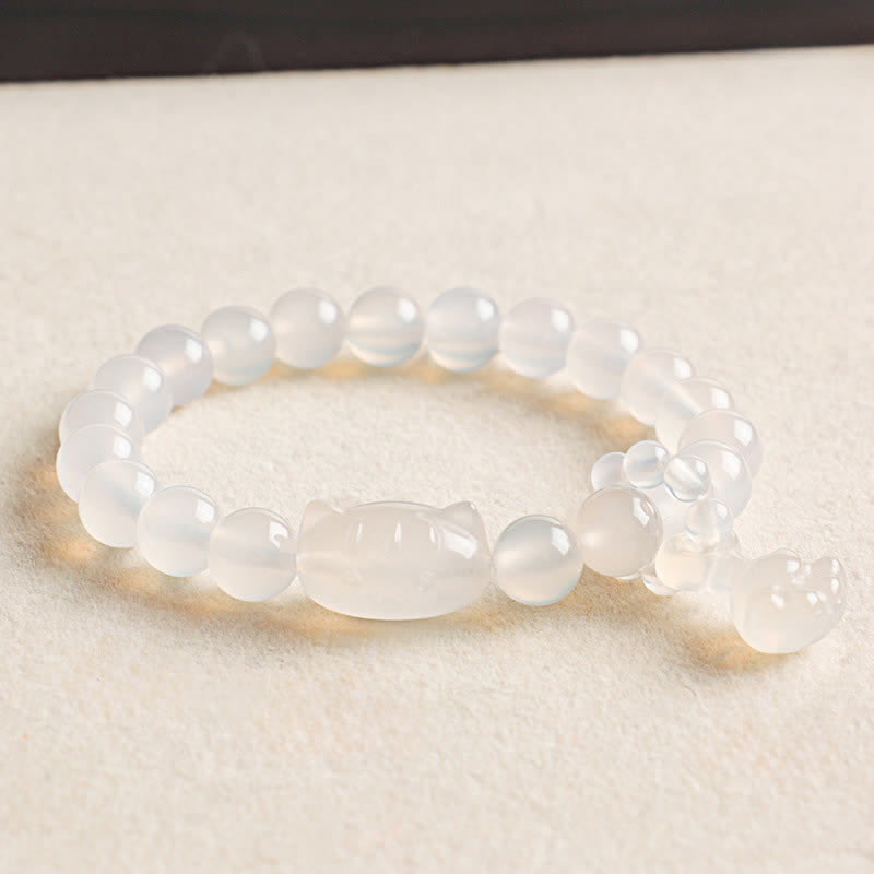 Buddha Stones シルバーシーンオブシディアン手彫り猫ペンダント 落ち着きを呼ぶハンドメイドブレスレット - ホワイトアゲート（静穏♥純粋さ） - image 1