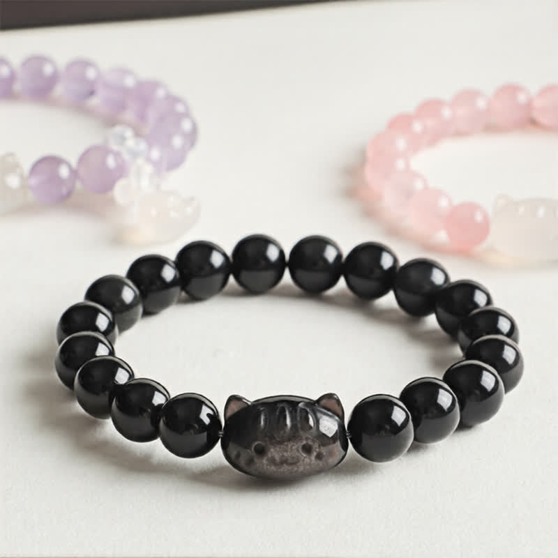 Buddha Stones シルバーシーンオブシディアン手彫り猫ペンダント 落ち着きを呼ぶハンドメイドブレスレット - image 4