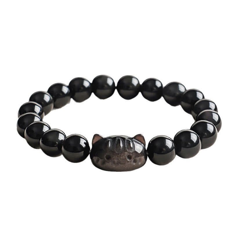 Buddha Stones シルバーシーンオブシディアン手彫り猫ペンダント 落ち着きを呼ぶハンドメイドブレスレット - image 12