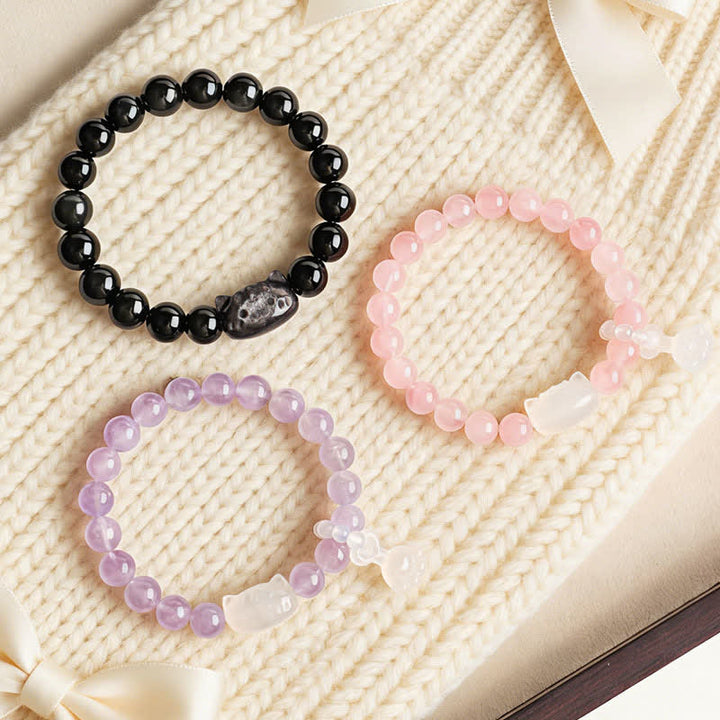 Buddha Stones シルバーシーンオブシディアン手彫り猫ペンダント 落ち着きを呼ぶハンドメイドブレスレット - image 9