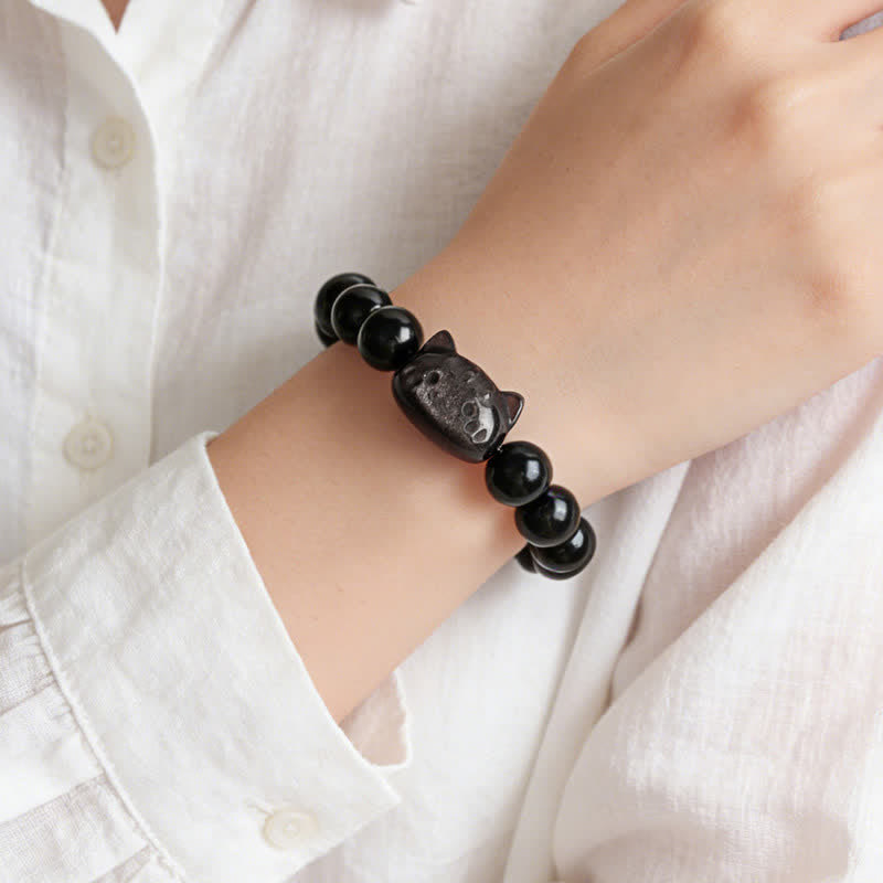 Buddha Stones シルバーシーンオブシディアン手彫り猫ペンダント 落ち着きを呼ぶハンドメイドブレスレット - image 10