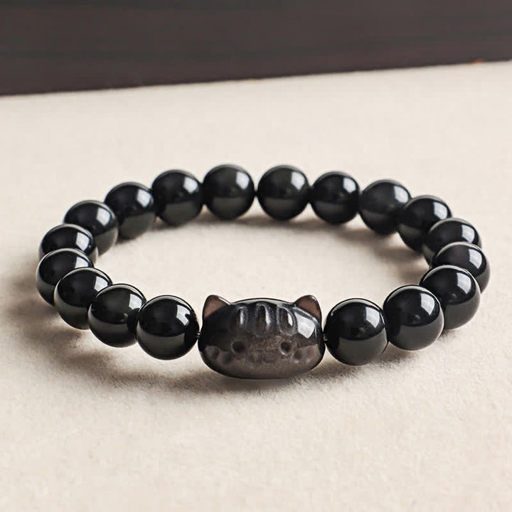 Buddha Stones シルバーシーンオブシディアン手彫り猫ペンダント 落ち着きを呼ぶハンドメイドブレスレット - シルバーシーンオブシディアン（グラウンディング♥直感） - image 0