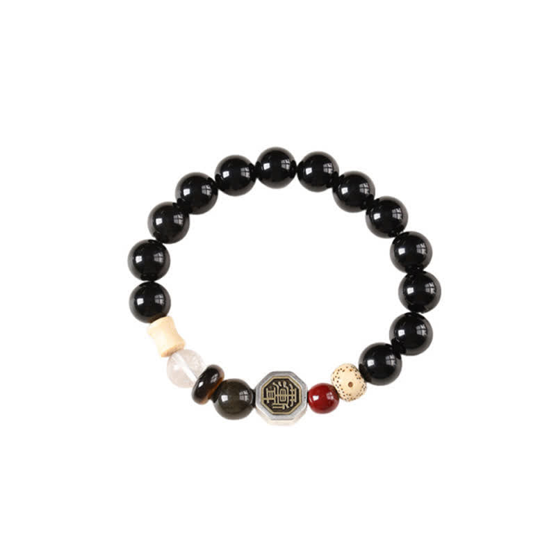 Buddha Stones 黒曜石八卦護符チベット丸ビーズブレスレット - image 14