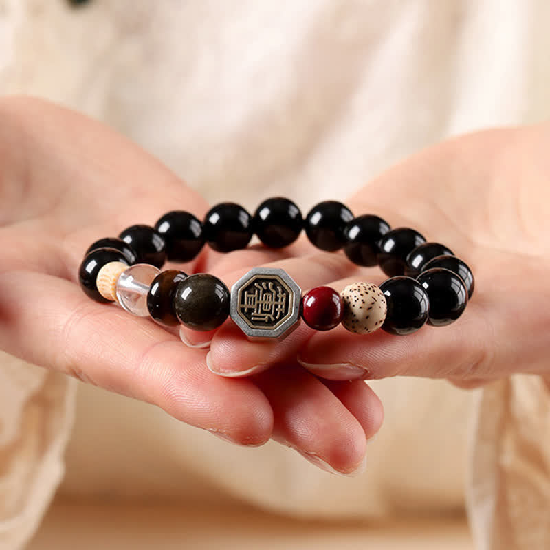 Buddha Stones 黒曜石八卦護符チベット丸ビーズブレスレット - image 4