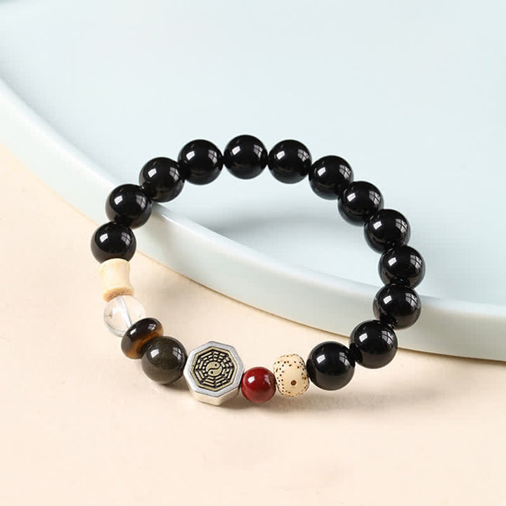 Buddha Stones 黒曜石八卦護符チベット丸ビーズブレスレット - image 2